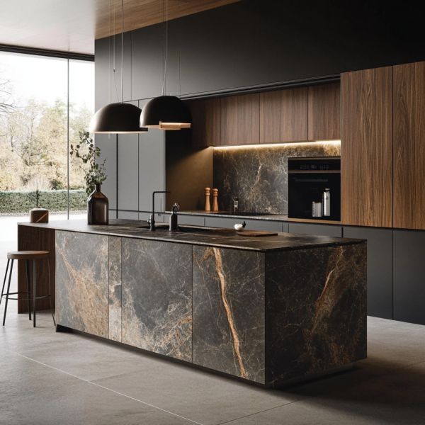 Modern Custom Modular Dark Color Matt Lacquer Kitchen Cabinet Villa Custom Kitchen With Hanging Island