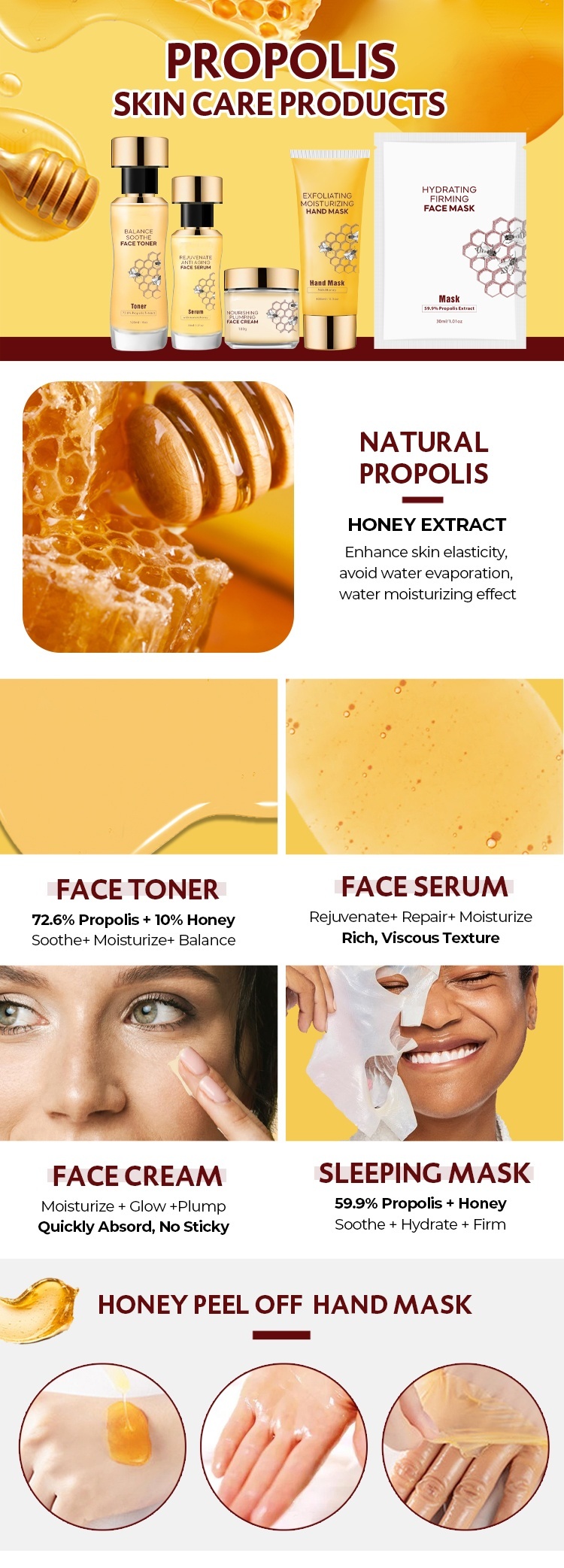 OEM ODM brand natural skin care set propolis facial mask skin care moisturizing anti-aging firming face cream whitening firming spot removing essence