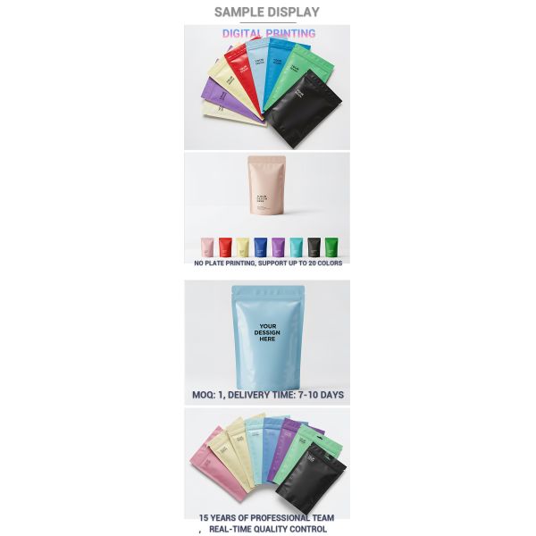 Low MOQ 10pcs Custom Sizes and Printing Recyclable Reusable Stand up Zipper Bag for Food or Cosmetic