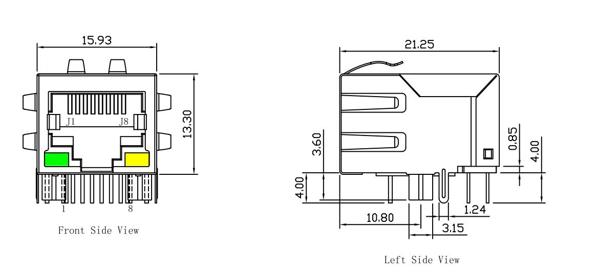 Плата основания-T RJ324109BN-LF 100 вниз с 1 гаван зеленого цвета соединителя RJ45 Джек/желтого LPJ0011GENL приведенного