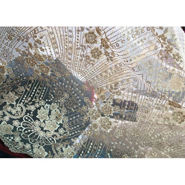 Champagne Gorgeous Flowers Sequin Lace Fabric With Dot Scalloped For Party Gown