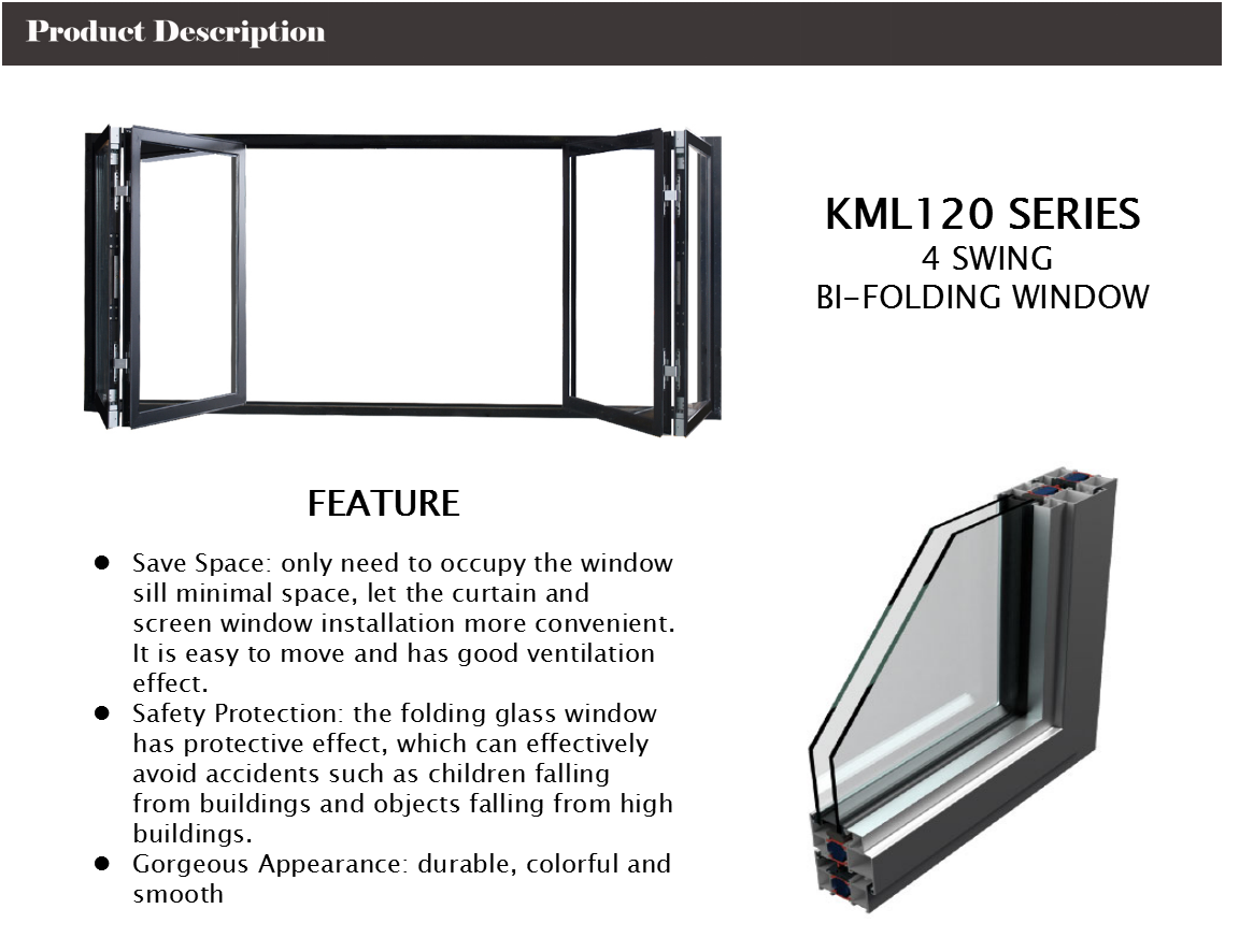 Anodized Color Frame Aluminum Folding Windows , Vertical Bifold Windows