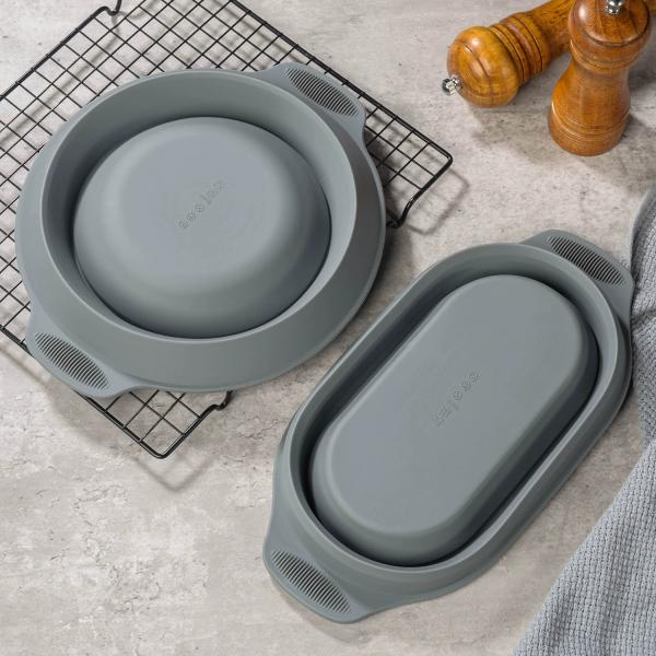 9.5 Inch Food Grade Silicone BPA-Free Banneton Basket Set for Artisan Bread Proofing with Oval & Round Foldable Bowls
