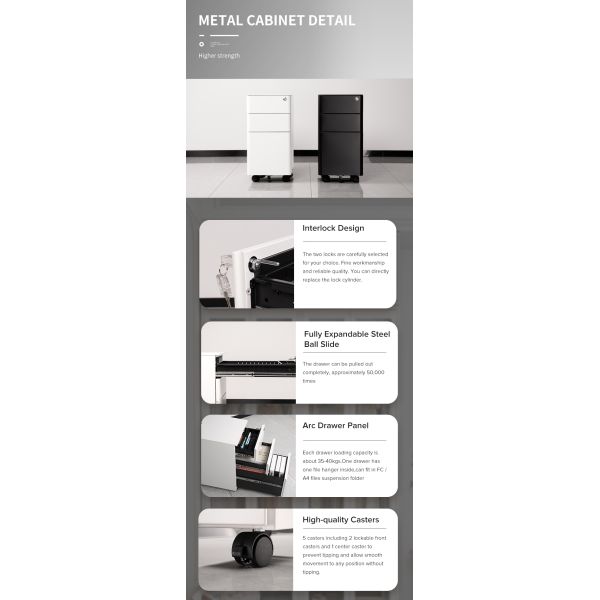 Compact Metal File Cabinet 3 Drawers Rounded Corners Removable Pedestal Home Bedroom School Work-White Grey Black Steel Storage