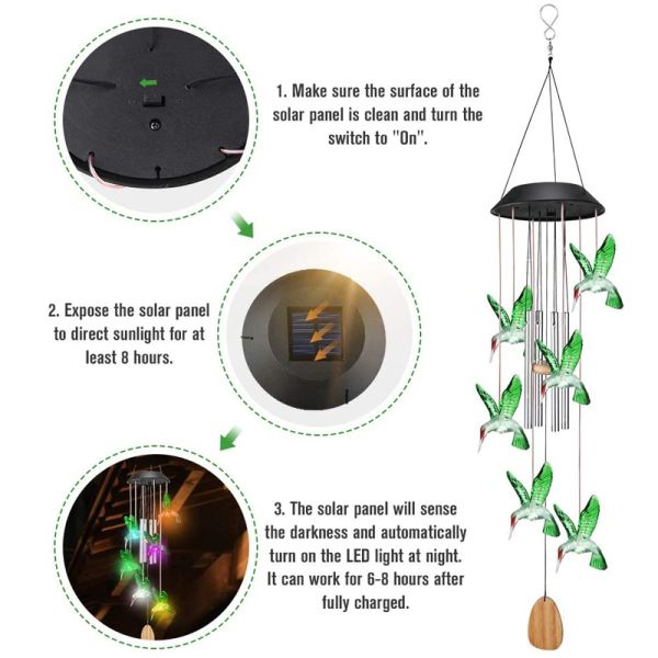 Color Changing Solar Power Wind Chime Hummingbird Butterfly Waterproof Outdoor Christmas Decoration Light for Patio Yard Garden