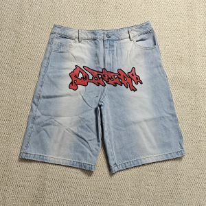 Custom Flared Knee Jeans Shorts Y2k Streetwear Embroidery Printed Vintage Double Waist Baggy Vintage Denim Jorts Men