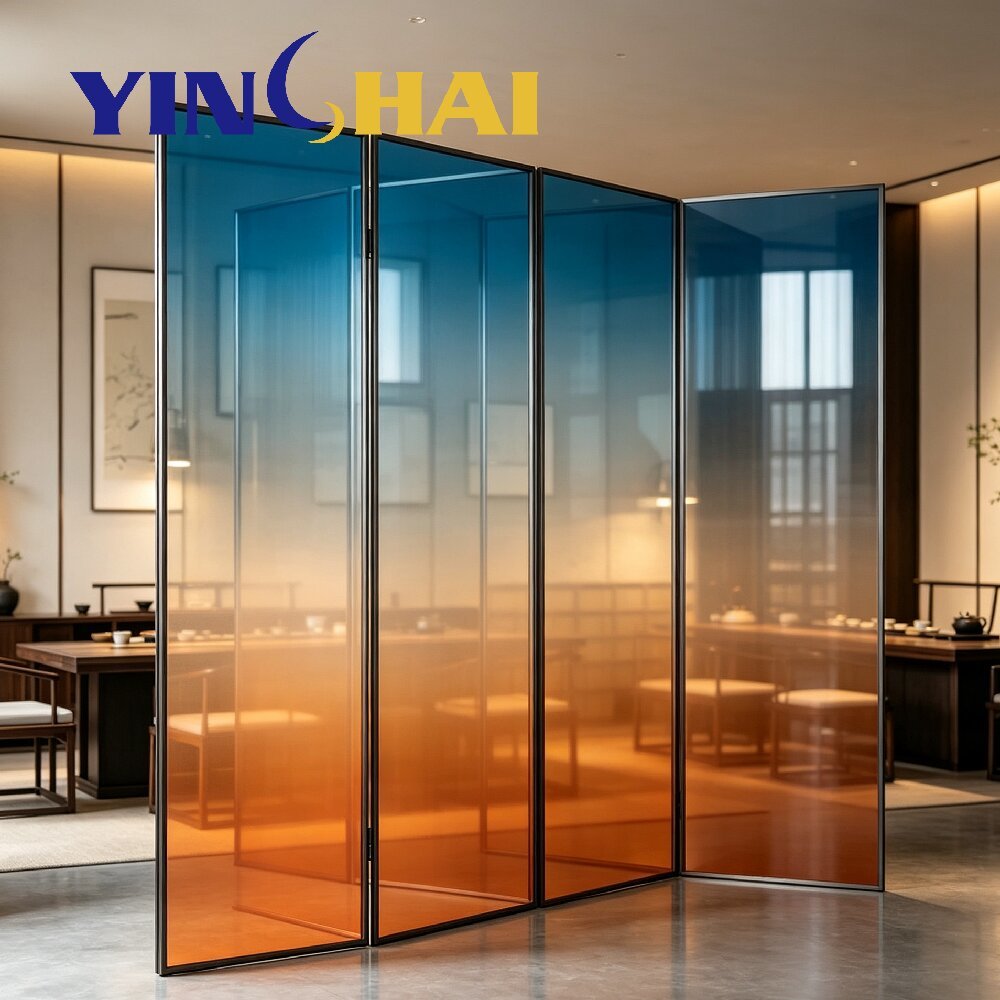 Custom Folding Stainless Steel Gradient Blue Tempered Glass Partition Screen