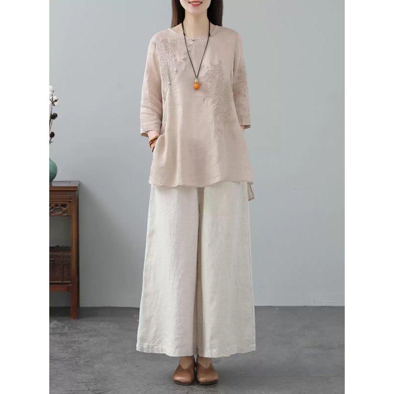 Embroidered Linen Wide-Leg Pants Set