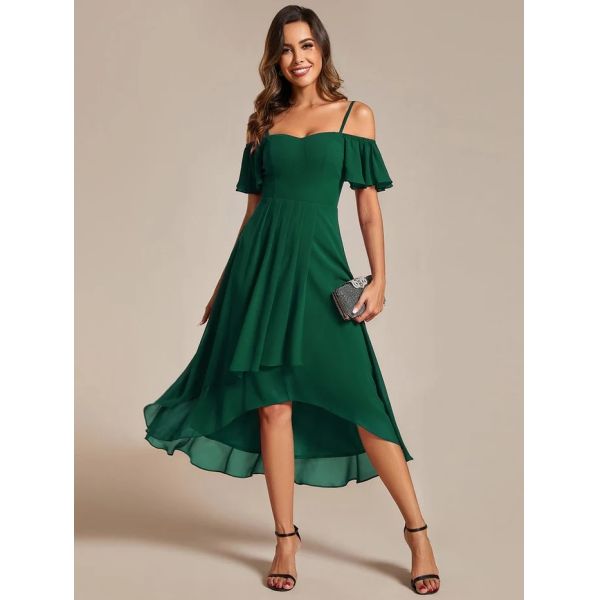 Empire Off-shoulder Spaghetti Strap Zipper High-low Wedding Guest Dresses Short Sleeves Pink Chiffon Bridesmaid Dress