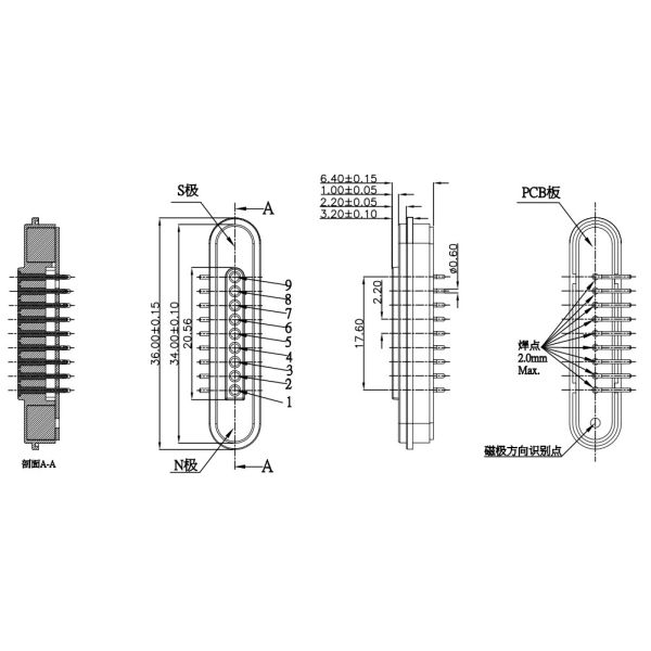 2Conectores magnéticos de.2mm Pitch 9 Pin Conector magnético Pogo 5A Hombre Hembra