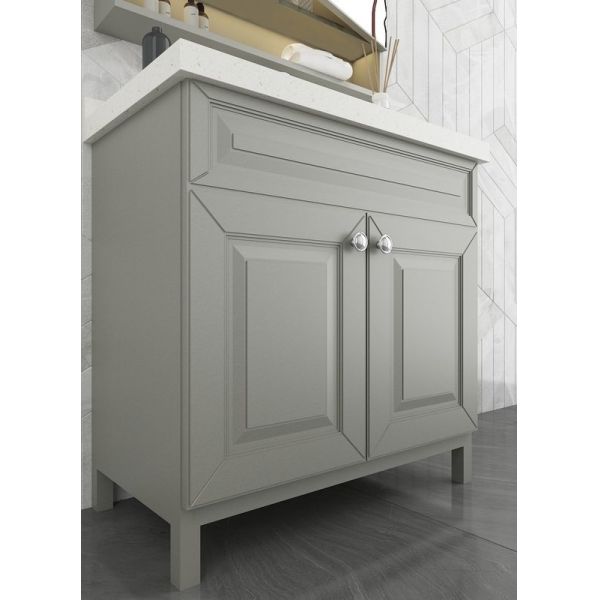 Vanité de salle de bains en acier inoxydable gris avec élégante armoire miroir et porte en forme