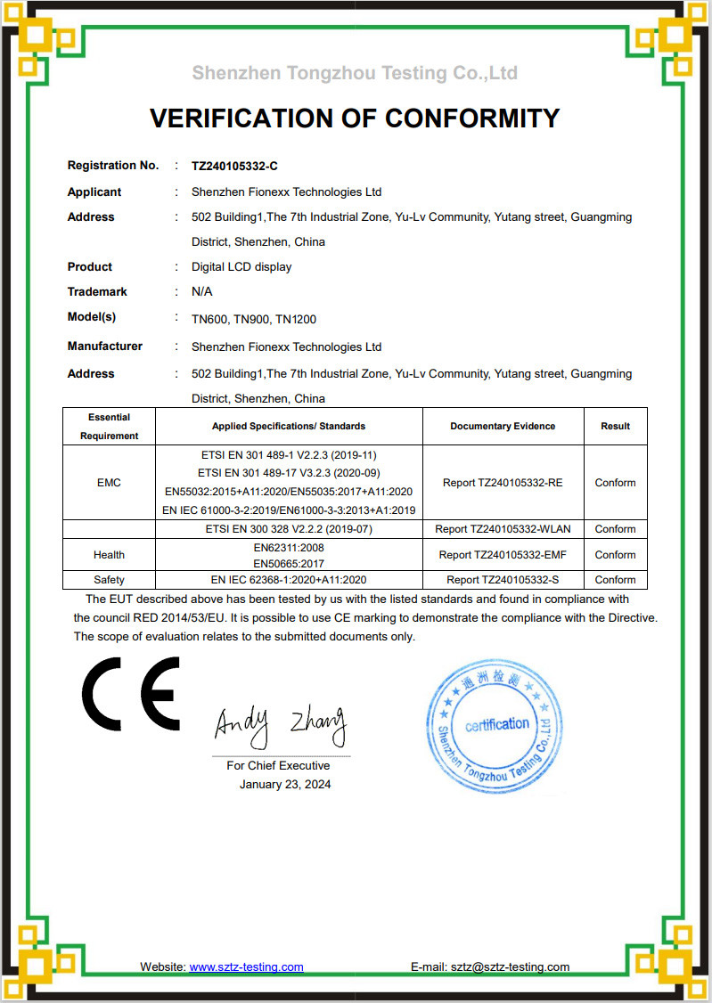 Shenzhen Fionexx Technologies Ltd Сертификации