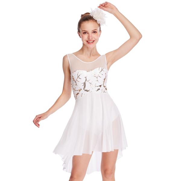 MiDee Lyrical Ballet Dance Costume Dresses Tank Top Illusion Sweetheart Sequins Joints Mesh Competition Dressing