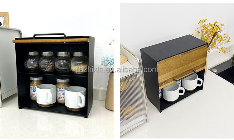 3 Layer Kitchen Countertop Spice Cabinet With Wooden Door Seasoning Bottle Organizer Living Room Coffee Tea Bag Mug Storage Rack