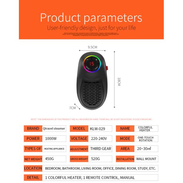 0.5kg Plug-in Wall Heater Portable Electric Heaters for Garden Small Home Winter Warmer