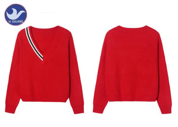 Chinese Red Womens Knit Pullover Sweater Half Striped V Neck  Half Cardigan Knitting