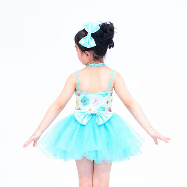 Floral Kids Dance Clothes Halter Neck Sequin Dress Tulle Tutu Skirt Attached