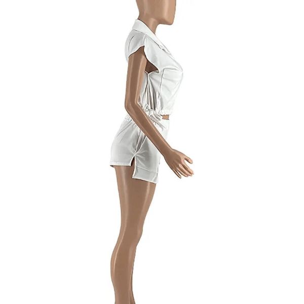                  Women′s Sexy Summer Two Piece Outfits Button Down Crop Top Short Sleeve Tracksuit Sets with Pockets Plus Size Suit for Women             