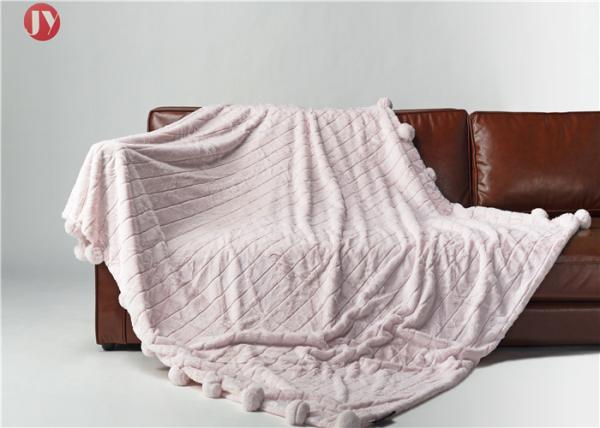 Rabbit Faux Animal Fur Blanket Throw Pink Warm Cozy Cover With Pompoms Fringe Solid
