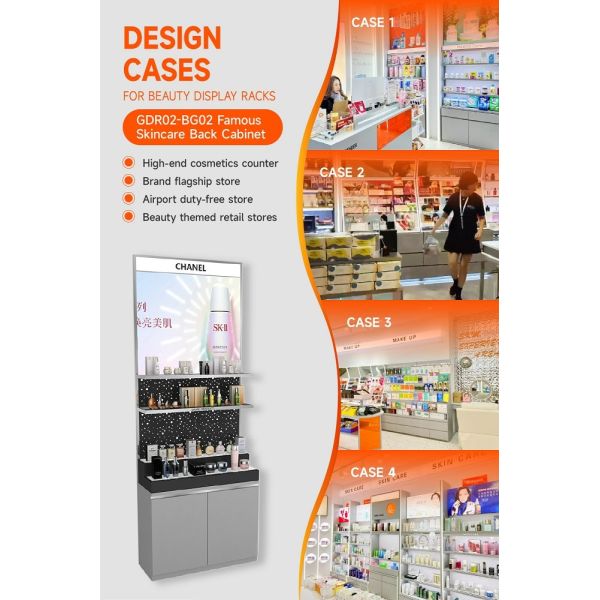 GDR02-BG02 Skincare Display Cabinet with Stainless Steel Tube and 60mm Soft Film Light Box for Fashion Boutiques