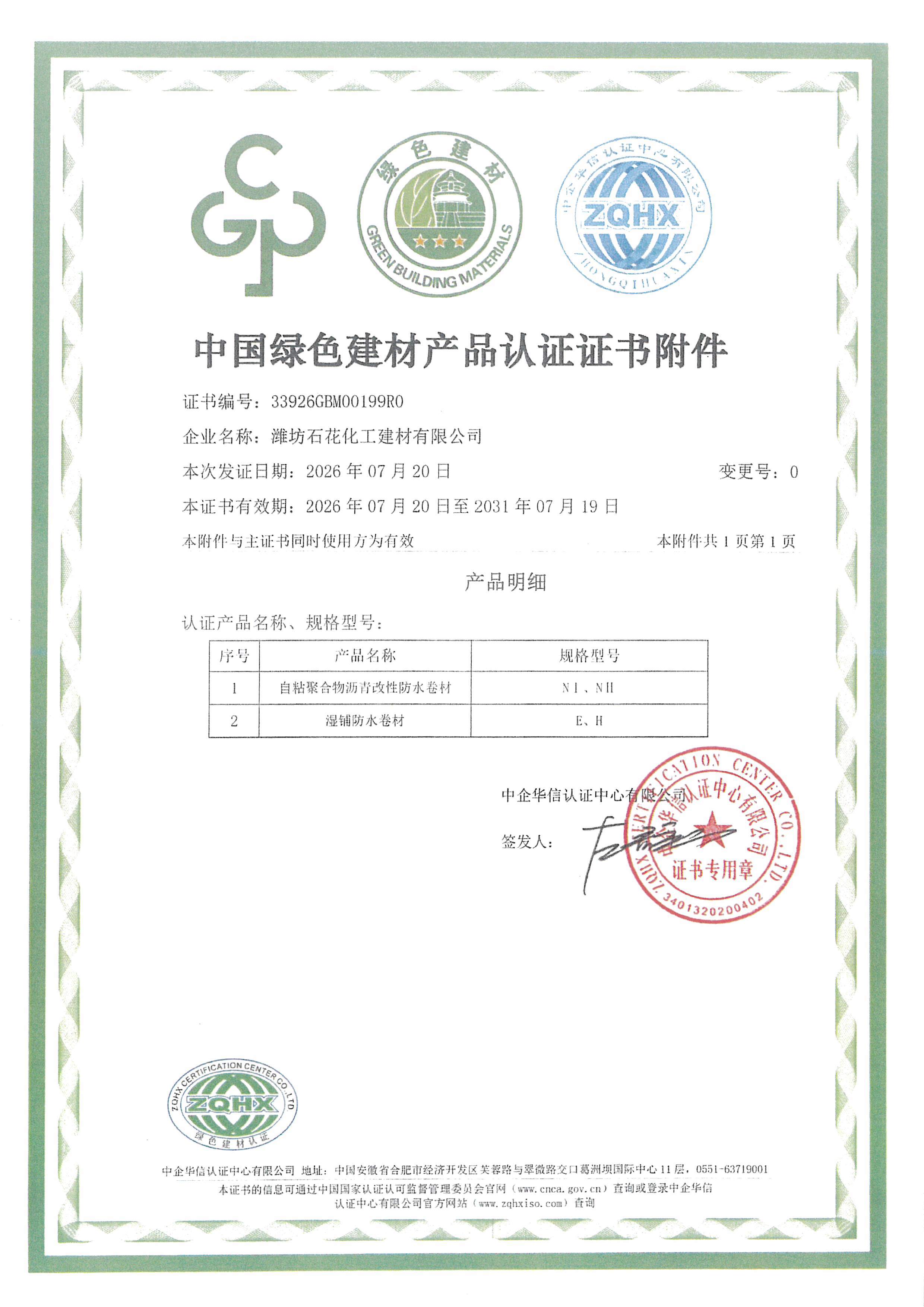 Weifang Shihua Chemical Building Material Co., Ltd. Certifications