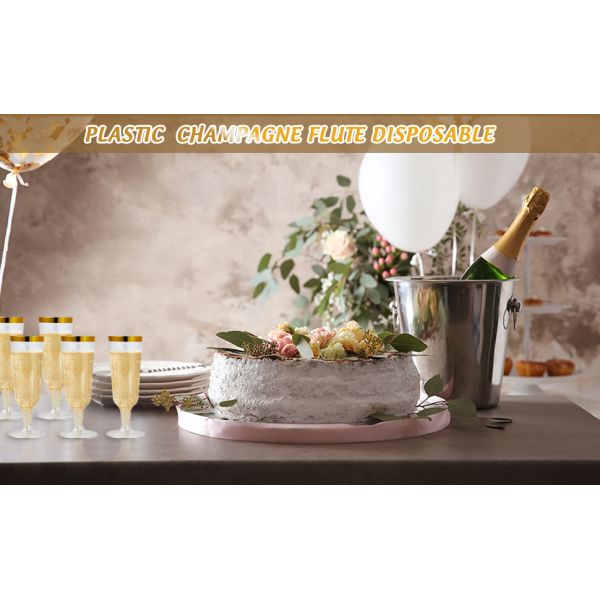 Gold Rim Plastic Champagne Glasses Perfect For Wedding, Thanksgiving Day, Christmas Champagne Flutes Disposable