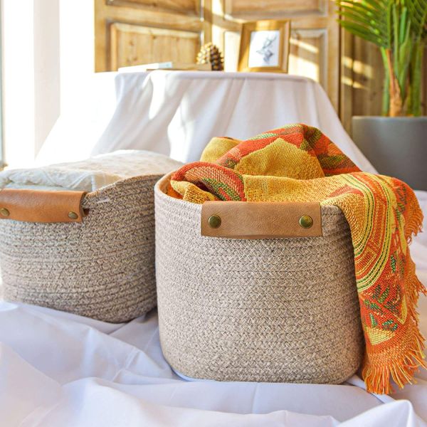Decorative Containers KingWell Handwoven Storage Basket With Leather Handles