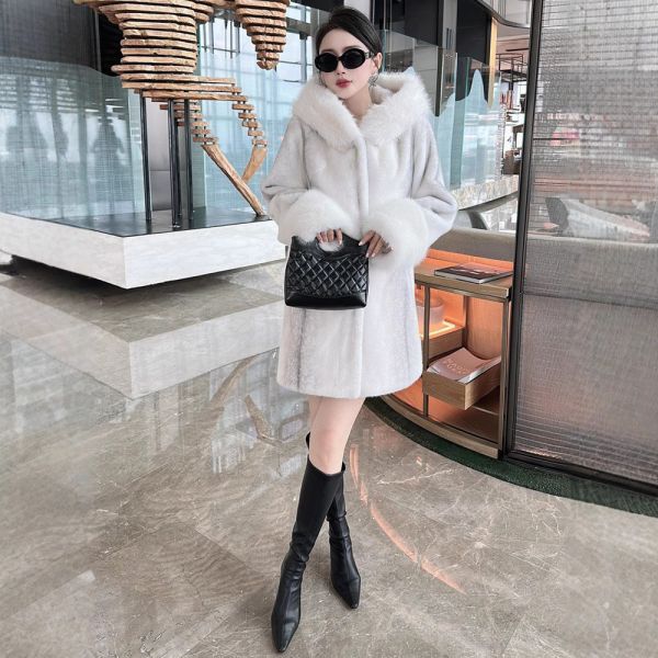 65cm To 80cm  Fake Mink Coat Hooded Coat Womens Faux Fur White Coat 115 Lbs