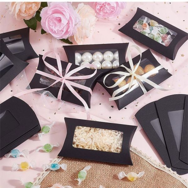 Conjunto de caja de regalo de ventana de almohada Kraft Negro Blanco para embalaje de dulces