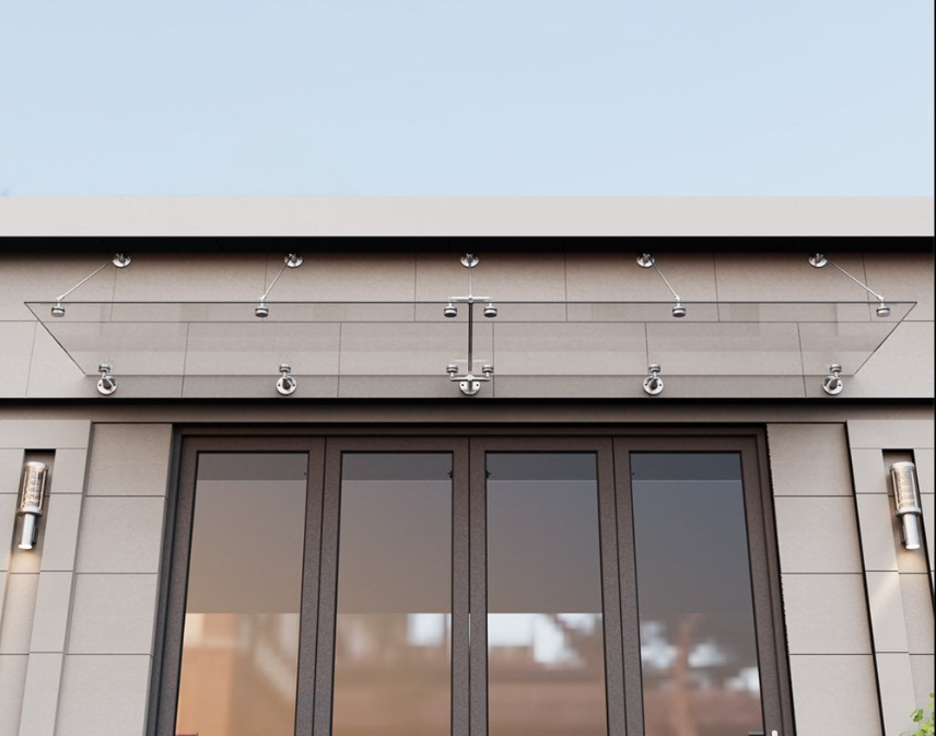 6+6mm 5+5mm Laminated Frameless Glass Door Canopy With 316 Stainless Steel Brushed Satin Finish Tie Rods Type