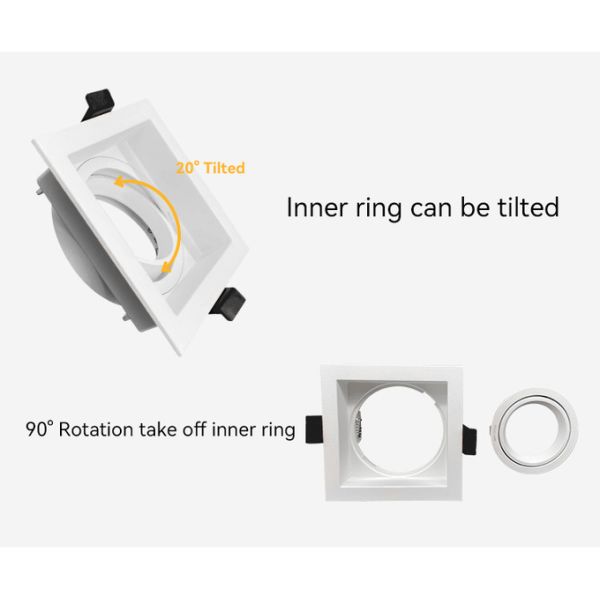 Aluminum Square Recessed Spotlight 90° Rotation 20° Tilt Deep Anti-Glare For Commercial Lighting