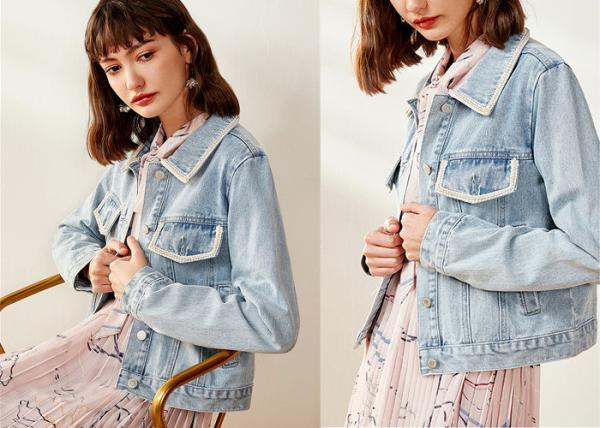 OEM Denim Jacket Women Embelishment Light Wash Trucker Elegant Style