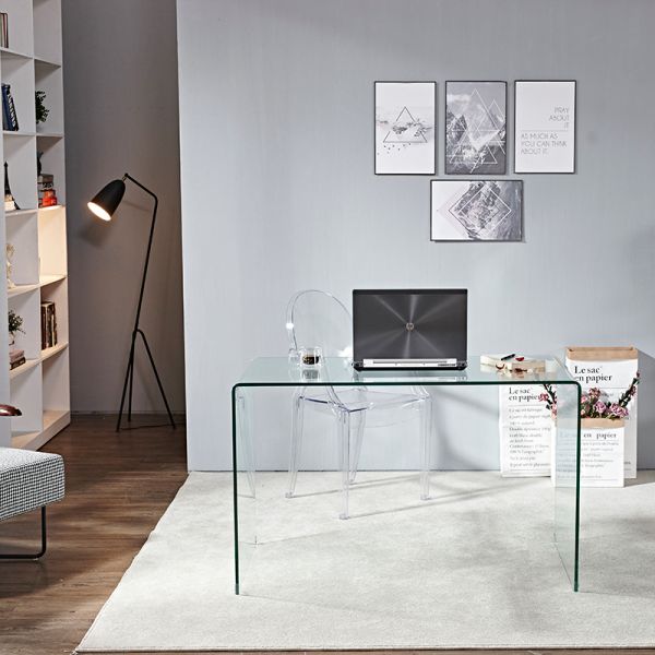 Modern Study Bent Glass Table Full Transparent Glass Furniture Table