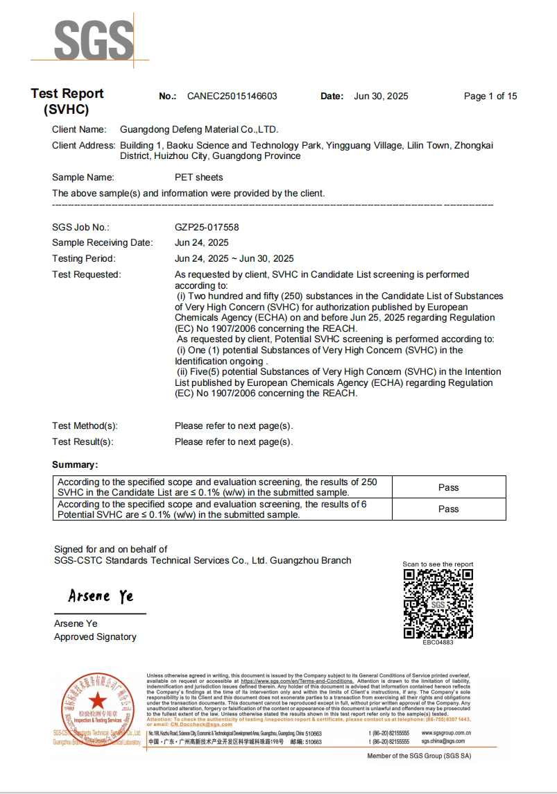 Guangdong Defeng Material Co., Ltd. Certifications