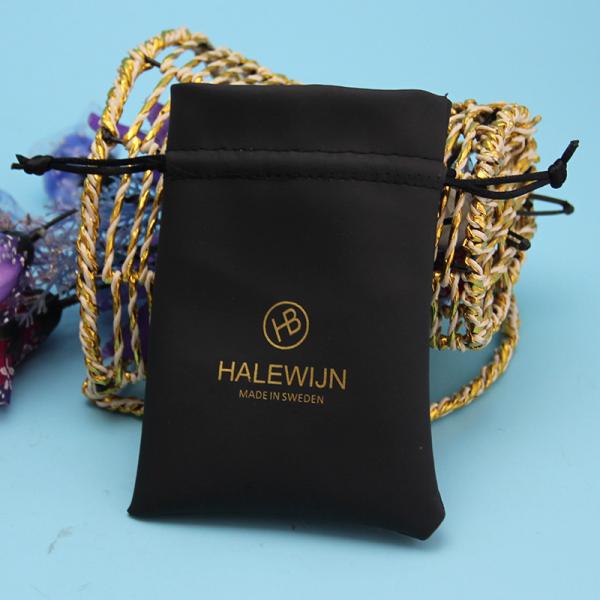 Small Size Black Drawstring Jewelry Bag Pu Leather With Custom Printed Logo