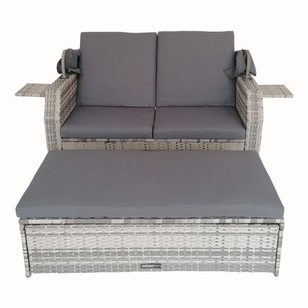 Leisure Outdoor Rattan Double Sun Bed Rattan Wicker Chaise Lounge Daybed With Canopy