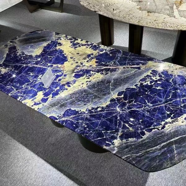 Natural Blue Round Marble Dining Table Brazil Cloisonne Stone Dining Table For Home