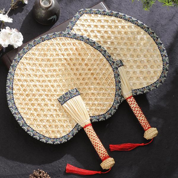 Y-Z Chinese Style Handmade Cattail Blue Tassel Wheat Straw Fan Summer Cool Portable Palm-leaf Large Fan