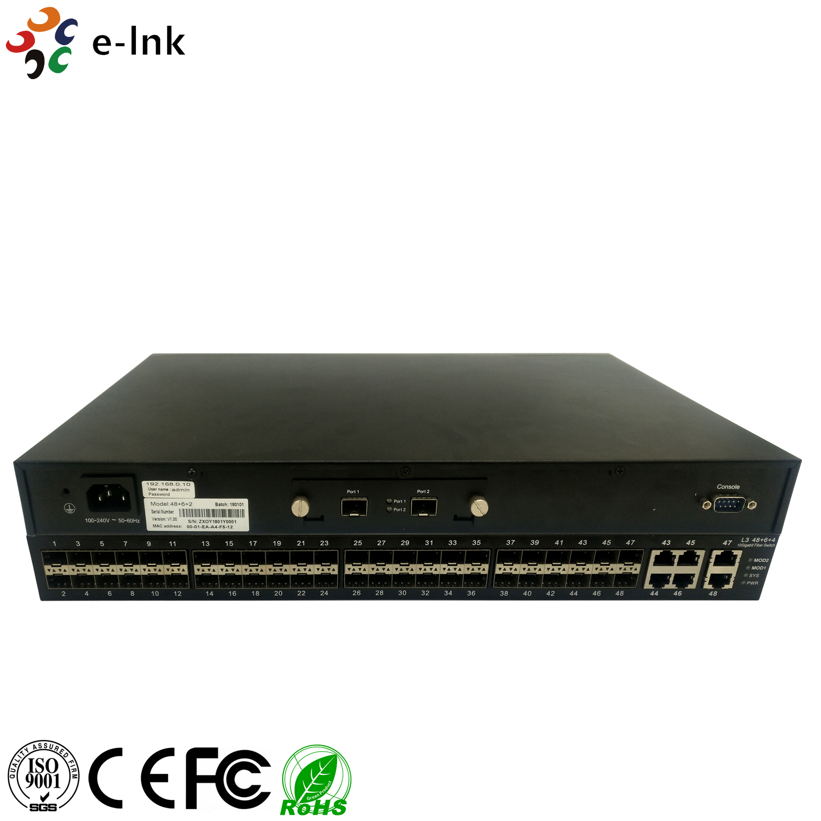 Fiber Switch L3 Управляемый 48-портный Гигабитный SFP с 2-портным 10G SFP и 6-портным комбо-эфирном