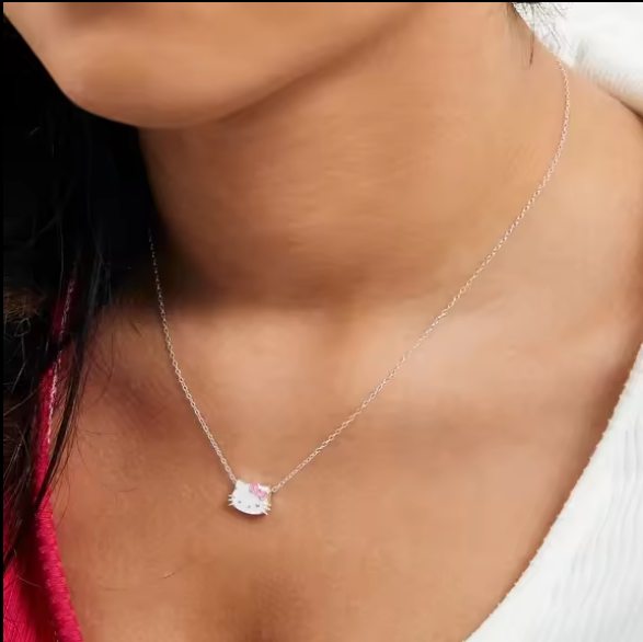Émail rose blanc Hello Kitty Pendentif en argent sterling Plaqué au rhodium