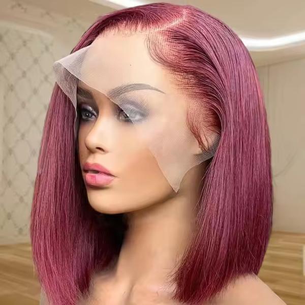 99J Short Bob Straight Human Hair Lace Closure Wig Transparent 13X4 Lace Frontal Wig
