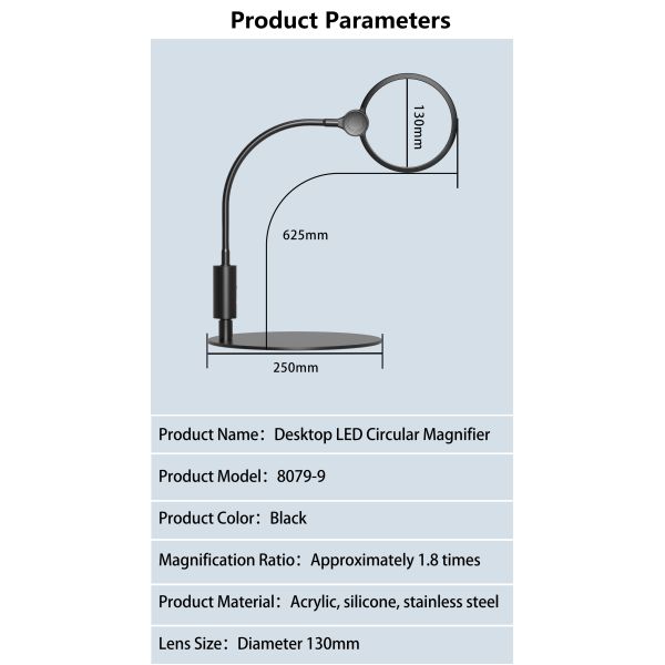 Desktop Round Magnifier With Infinity Dimming LED Lights and HD PMMA Lens Low Vision Reading and Inspection