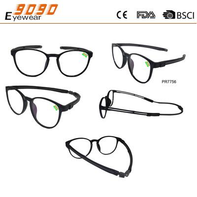 New arrival and hot sale plastic reading glasses, temple can extend and magnetic hanging neck