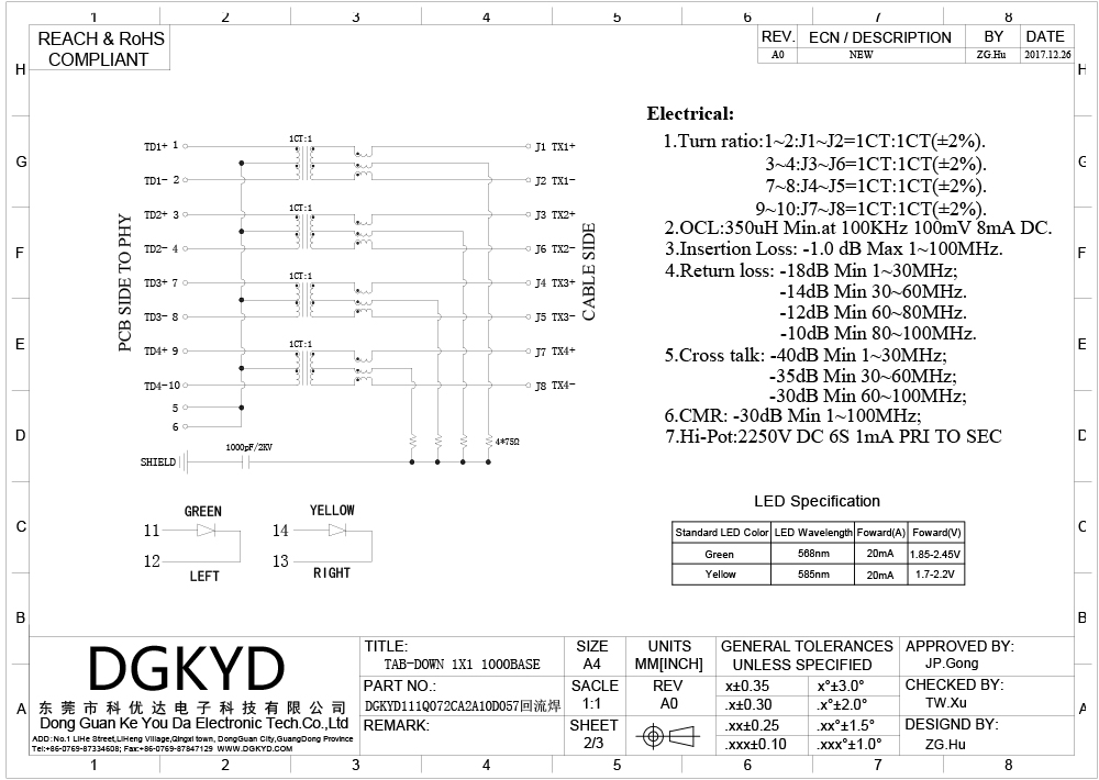 Интегрированный трансформатор 10pin DGKYD111Q072CA2A10D обломока доски Rj45 модульный Джек тонуть интегрированный