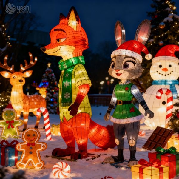 Custom Cartoon Fox & Rabbit Christmas LED Lantern Set, Character Light Sculptures for Christmas Theme Park Exhibition