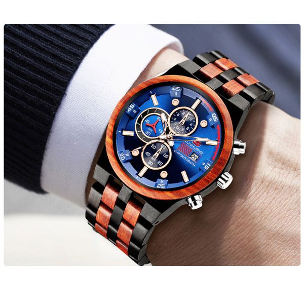 Man Blue Dial  Stripes Wooden Quartz Watch Business Wristwatch Water Proof 1020-2