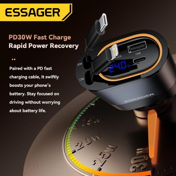 ESSAGER SHE-6001 45W PD 30W Car Charger with Fast USB C Lighting Cable Aluminium Alloy PC Material