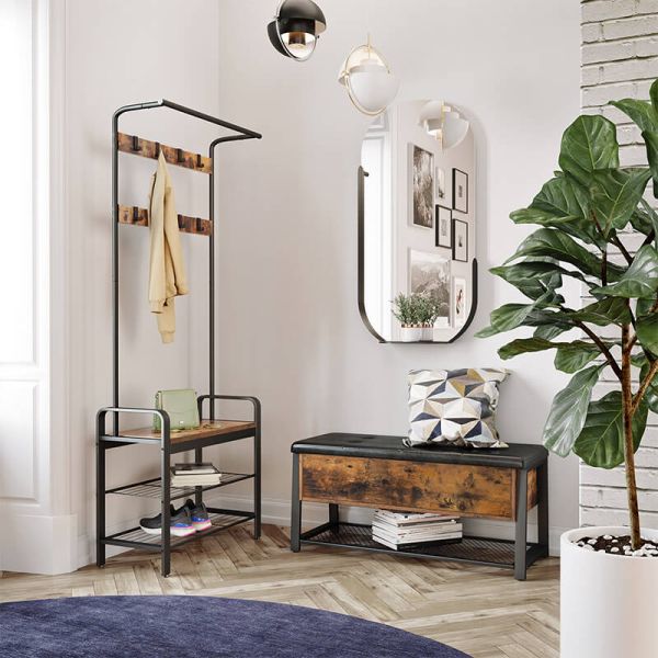 Faux Leather Storage Bench, Shoe Bench with Cushion, Industrial Shoe Rack, Storage Shoe Bench, ULSB47BX