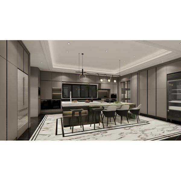 Cuisine en acier inoxydable de luxe en forme de U avec une île impressionnante