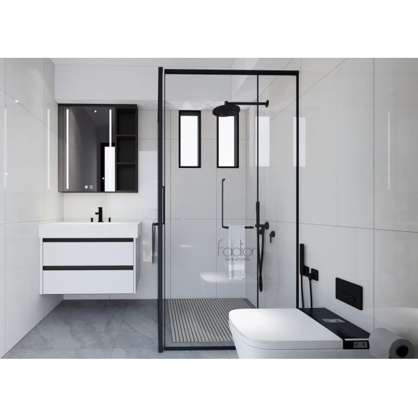Baño de acero inoxidable minimalista Vanidad Blanco elegante con acentos negros mate